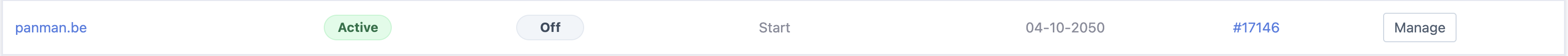 A domain's row in the list, with the “Manage” button