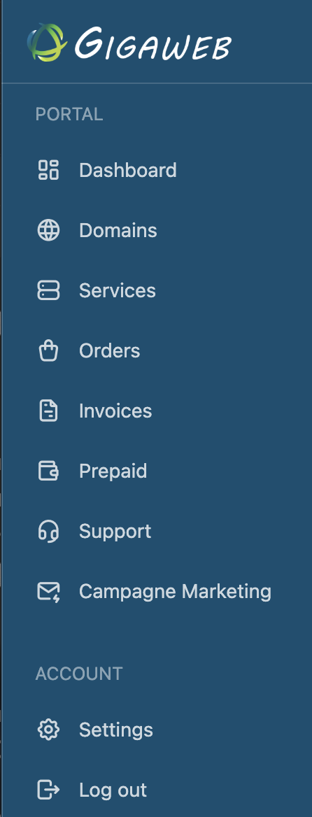 Client area menu with the “Domains” entry
