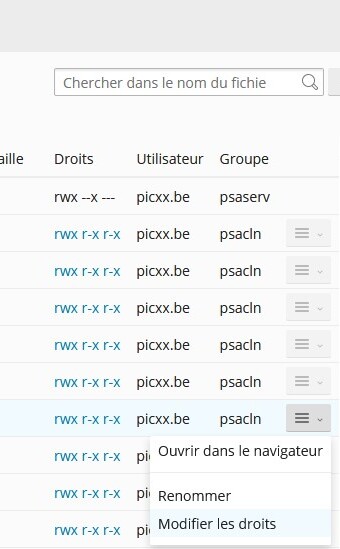 Menu d'action d'un fichier dans le gestionnaire, avec l'option Modifier les droits