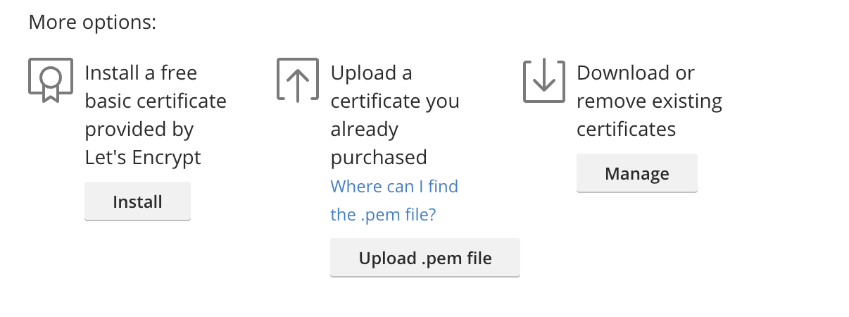 Options de certificat SSL, avec le bouton Install pour le certificat gratuit Let's Encrypt