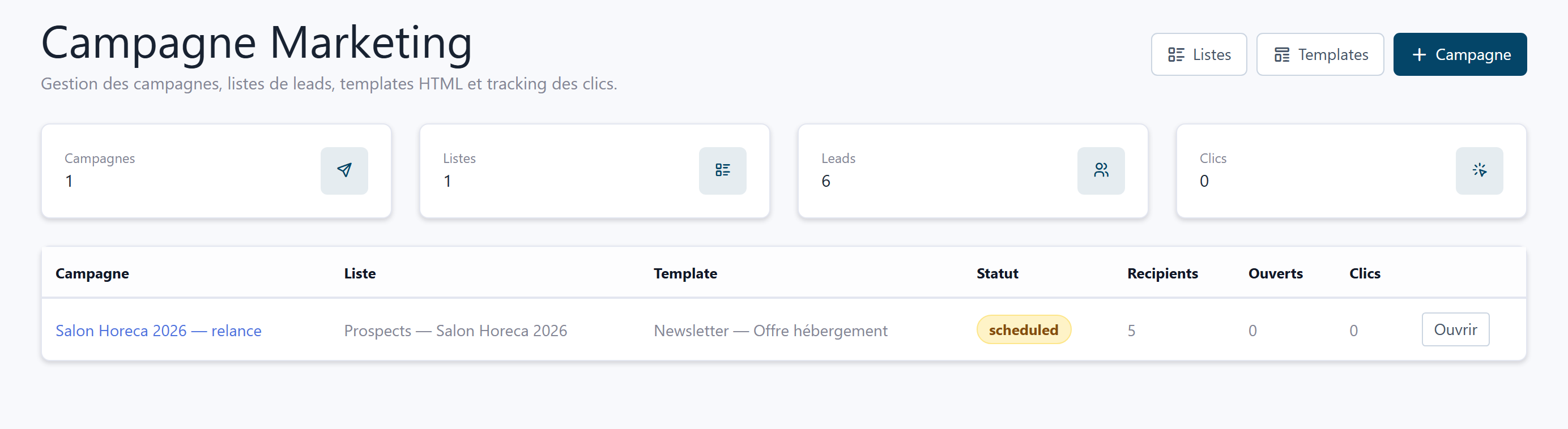 Marketing Campaign dashboard: counters and campaign list