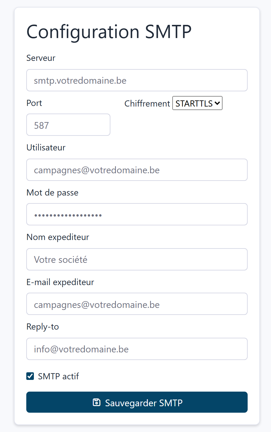 SMTP configuration form and sending log