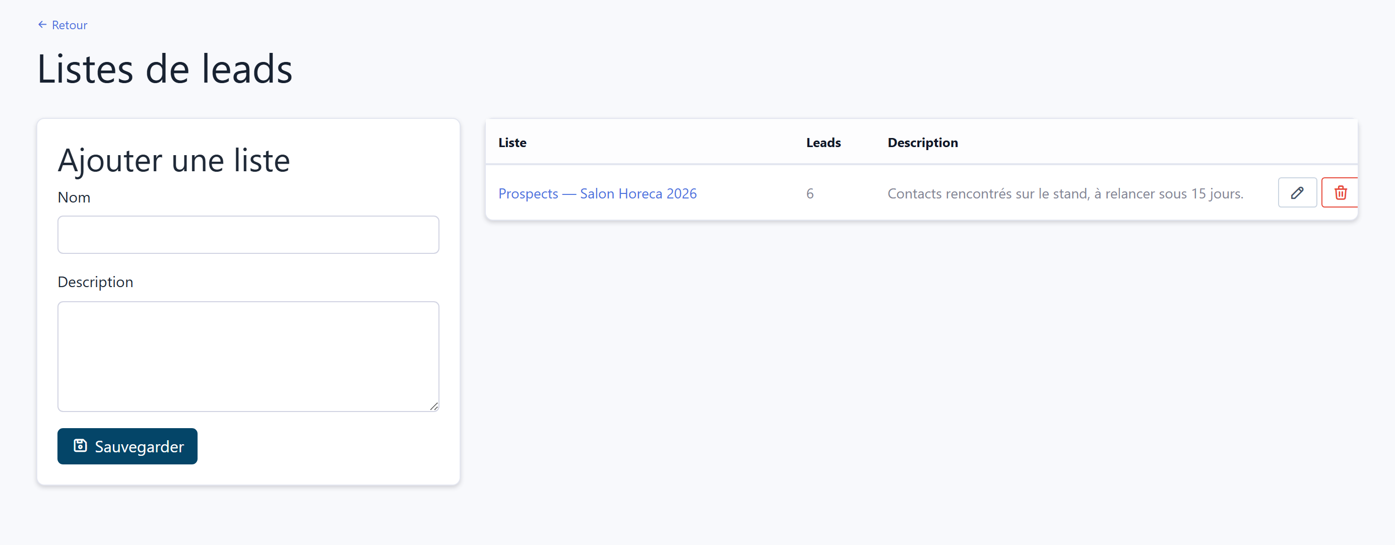 Lead lists page: creation form and table of existing lists