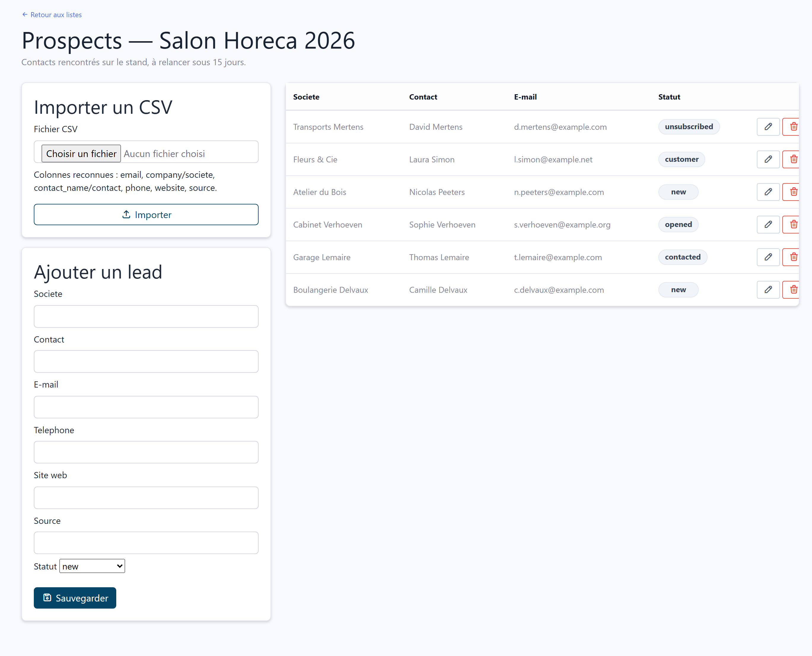 List detail: CSV import, add a lead and contacts table
