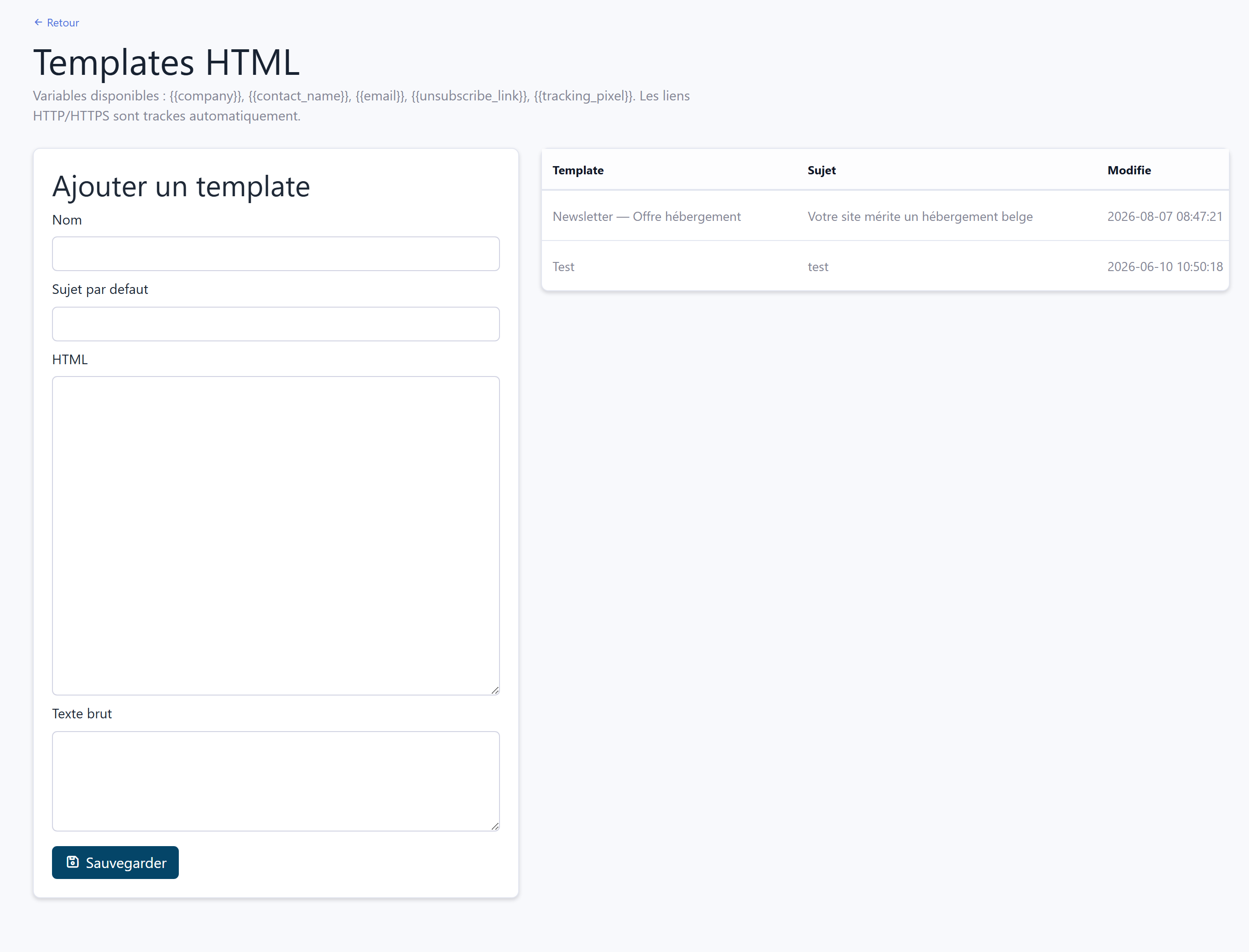 HTML templates page: editor on the left, list of templates on the right