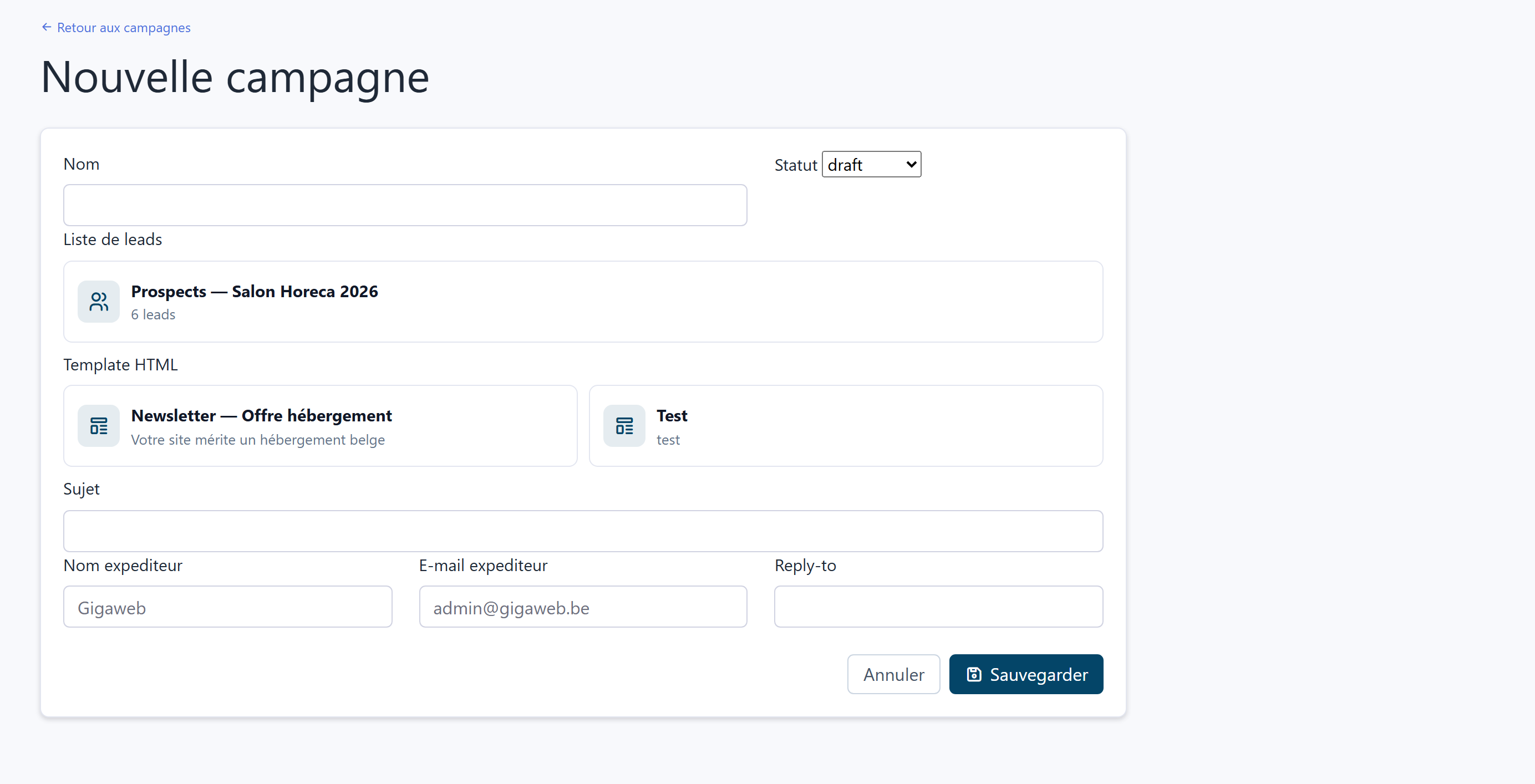 Campaign creation form: name, status, list, template, subject and sender