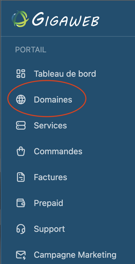 Menu de l'espace client avec l'entrée « Domaines »