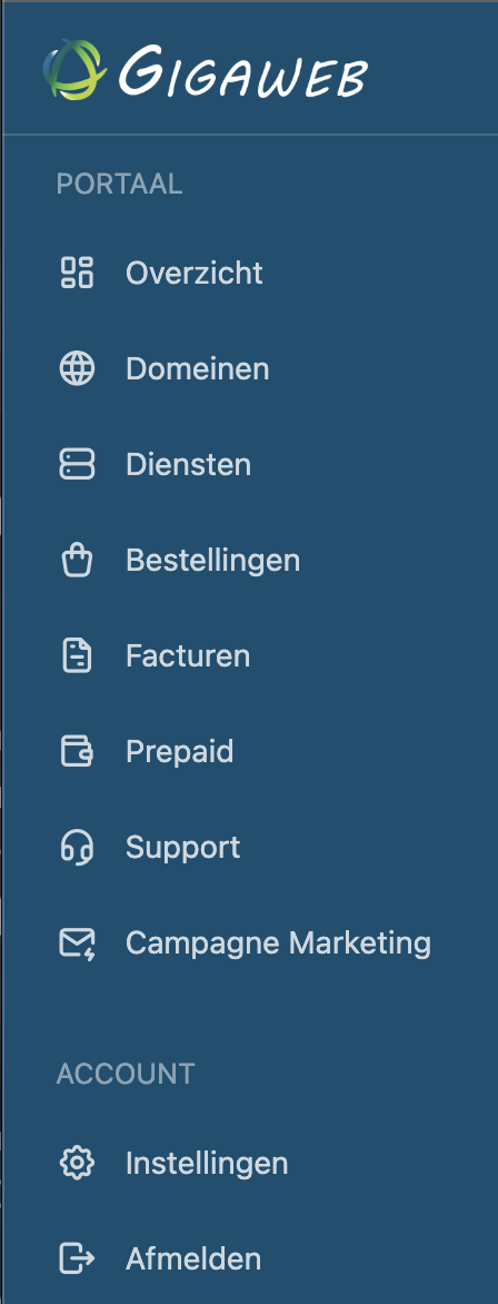Menu van de klantenzone met de optie « Domeinen »