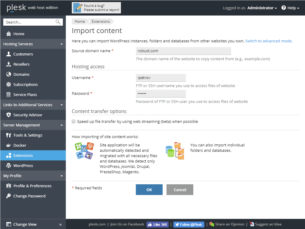 Het importformulier: brondomeinnaam, FTP- of SSH-gebruikersnaam en wachtwoord, en de optie om de overdracht te versnellen via webstreaming