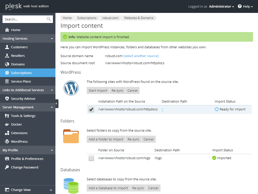 Het importscherm met de gevonden WordPress-installatie, de mappen en de databases, elk met hun importstatus