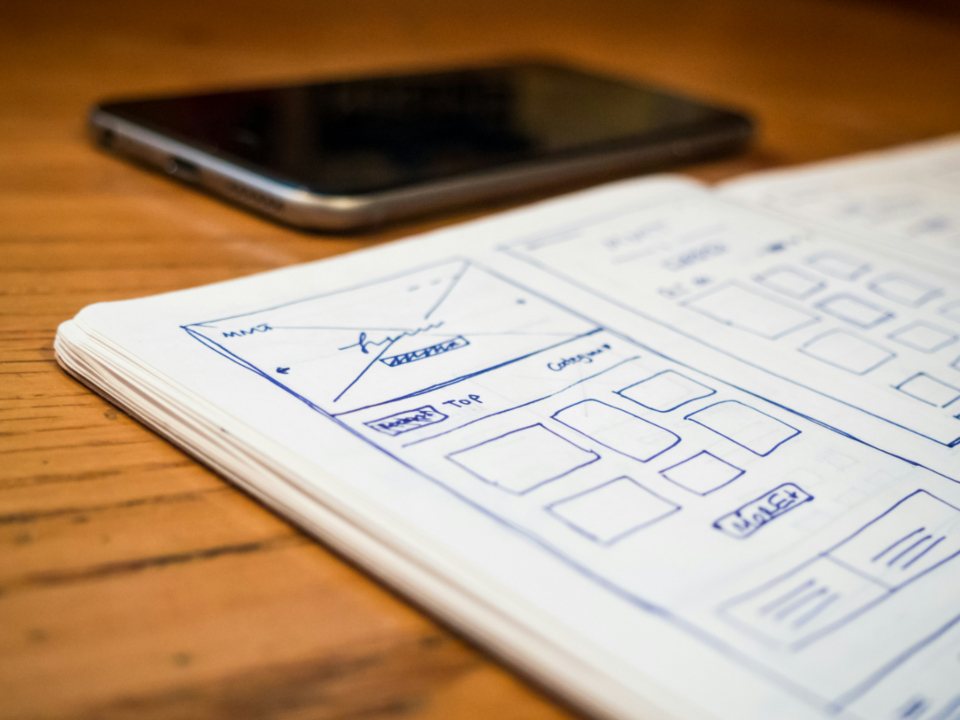 Sketchbook with a website wireframe next to a smartphone