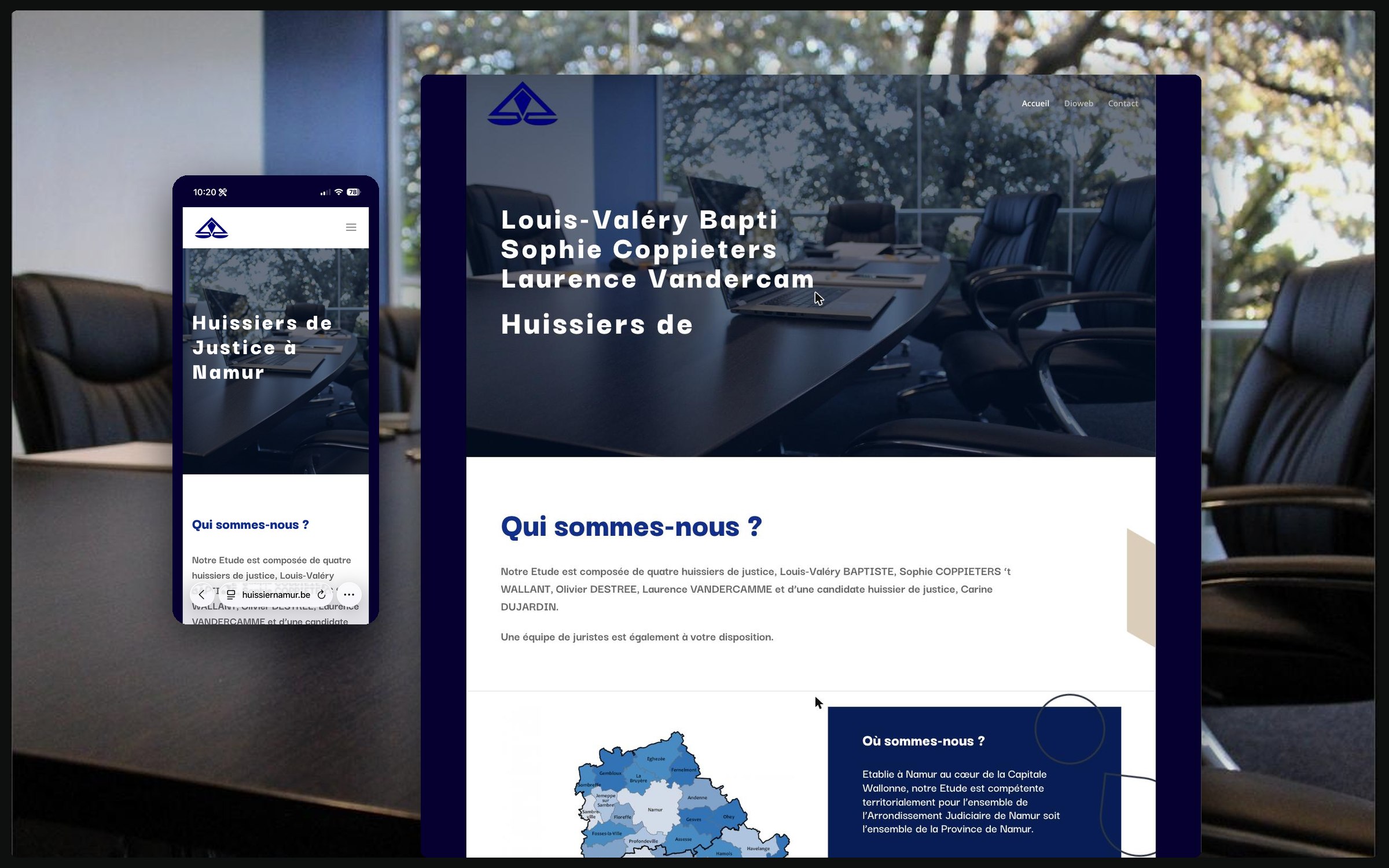 Huissier Namur — preview of the site on desktop and mobile
